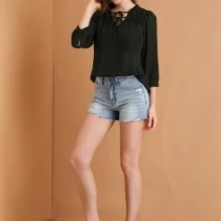 Allegra K Women's Semi-Sheer Tie Neck 3/4 Sleeve Ruffle Yoke Summer Casual Blouse Top