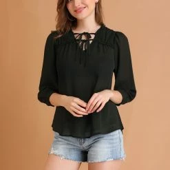 Allegra K Women's Semi-Sheer Tie Neck 3/4 Sleeve Ruffle Yoke Summer Casual Blouse Top