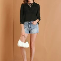 Allegra K Women's Semi-Sheer Tie Neck 3/4 Sleeve Ruffle Yoke Summer Casual Blouse Top