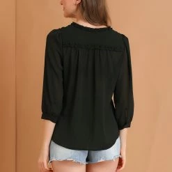 Allegra K Women's Semi-Sheer Tie Neck 3/4 Sleeve Ruffle Yoke Summer Casual Blouse Top