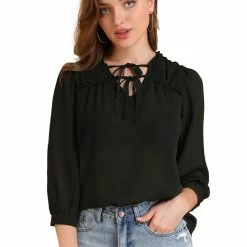 Allegra K Women's Semi-Sheer Tie Neck 3/4 Sleeve Ruffle Yoke Summer Casual Blouse Top