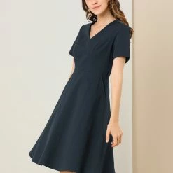 Allegra K Women's Vintage Bow Tie Waist V Neck Solid Fit And Flare A-Line Midi Dress