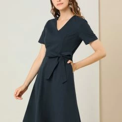 Allegra K Women's Vintage Bow Tie Waist V Neck Solid Fit And Flare A-Line Midi Dress