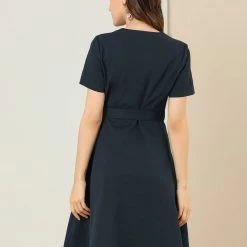 Allegra K Women's Vintage Bow Tie Waist V Neck Solid Fit And Flare A-Line Midi Dress