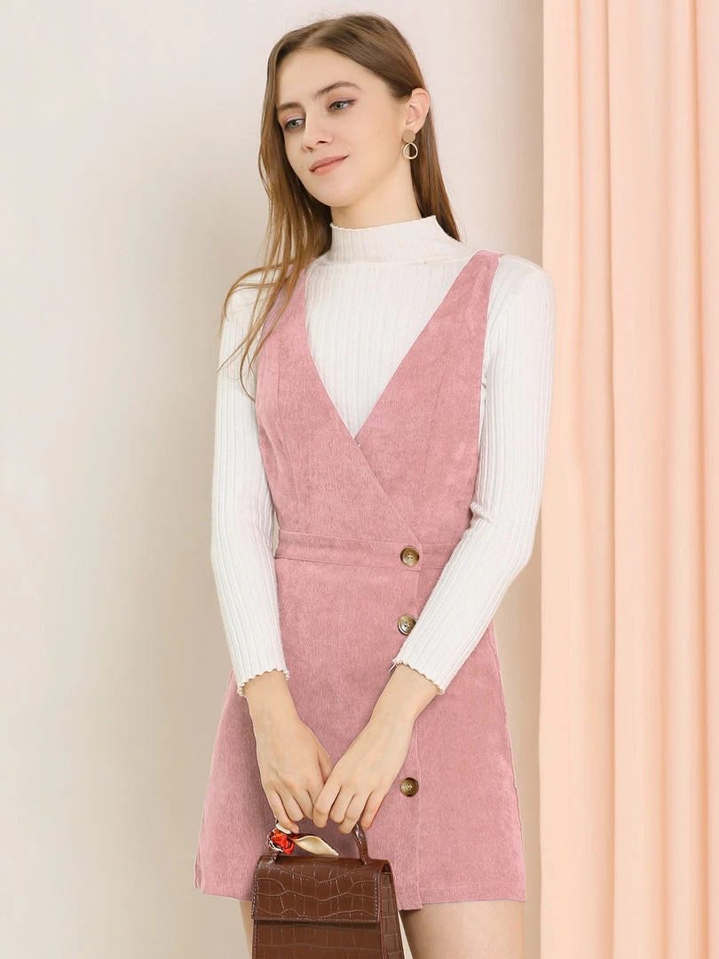 Allegra K Women's Corduroy Mini V Neck A-line Pinafore Bib Overall Dress 32 Allegra K Women's Corduroy Mini V Neck A-line Pinafore Bib Overall Dress