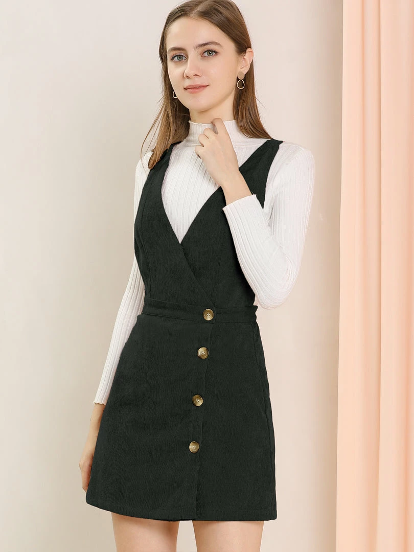 Allegra K Women's Corduroy Mini V Neck A-line Pinafore Bib Overall Dress 19 Allegra K Women's Corduroy Mini V Neck A-line Pinafore Bib Overall Dress