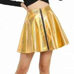Allegra K Women's Metallic Shiny Glitter Sparkly Zipper A-Line Holographic Full Skirts