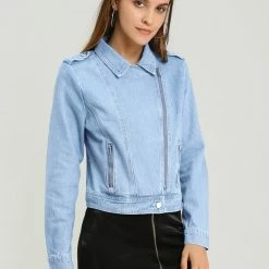 Women Allegra K Revere Collar Washed Denim Jacket With Zip Decors