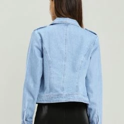 Women Allegra K Revere Collar Washed Denim Jacket With Zip Decors