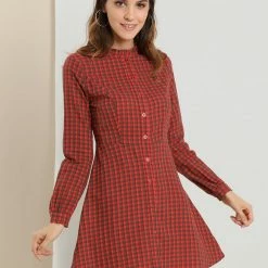Allegra K Women's Vintage Check Ruffle Neck Button Down Long Sleeve A-Line Dress 26 Allegra K Women's Vintage Check Ruffle Neck Button Down Long Sleeve A-Line Dress