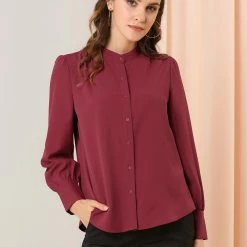 Allegra K Women's Work Office Stand Collar Button Down Long Sleeve Shirts Blouse 33 Allegra K Women's Work Office Stand Collar Button Down Long Sleeve Shirts Blouse