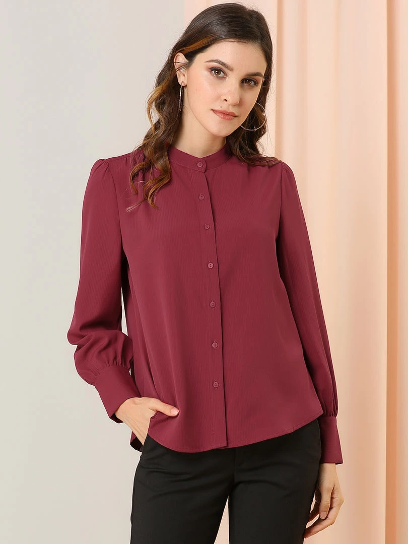 Allegra K Women's Work Office Stand Collar Button Down Long Sleeve Shirts Blouse 10 Allegra K Women's Work Office Stand Collar Button Down Long Sleeve Shirts Blouse