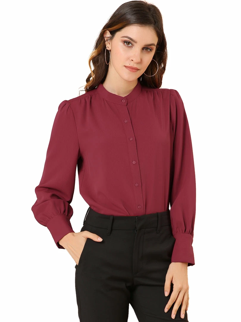 Allegra K Women's Work Office Stand Collar Button Down Long Sleeve Shirts Blouse 11 Allegra K Women's Work Office Stand Collar Button Down Long Sleeve Shirts Blouse