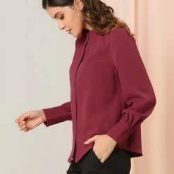 Allegra K Women's Work Office Stand Collar Button Down Long Sleeve Shirts Blouse 35 Allegra K Women's Work Office Stand Collar Button Down Long Sleeve Shirts Blouse