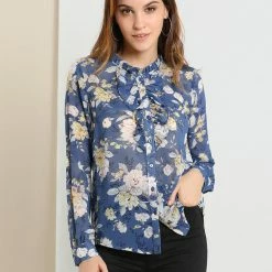 Allegra K Long Sleeve Ruffle Collar Button Down Floral Shirt
