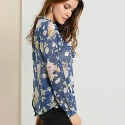 Allegra K Long Sleeve Ruffle Collar Button Down Floral Shirt