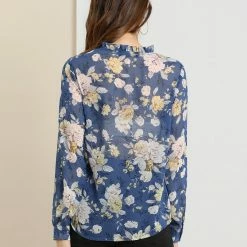 Allegra K Long Sleeve Ruffle Collar Button Down Floral Shirt