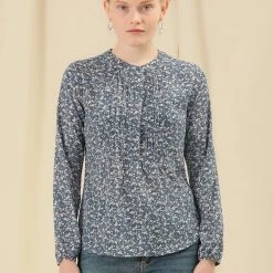 Allegra K Women's Casual Pleated Front Half Placket Long Sleeve Top Floral Blouse