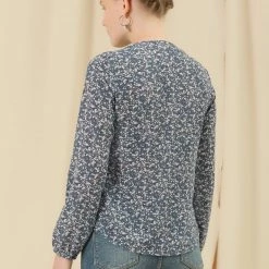 Allegra K Women's Casual Pleated Front Half Placket Long Sleeve Top Floral Blouse