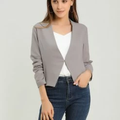 Allegra K Women Collarless Cropped Blazer
