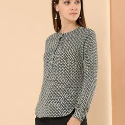 Allegra K Women's Geometric Print Round Neck Top Concealed Placket Work Blouse