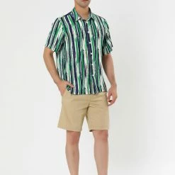 Allegra K Men's Summer Button Down Short Sleeve Vertical Colorful Striped Shirt