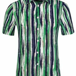 Allegra K Men's Summer Button Down Short Sleeve Vertical Colorful Striped Shirt