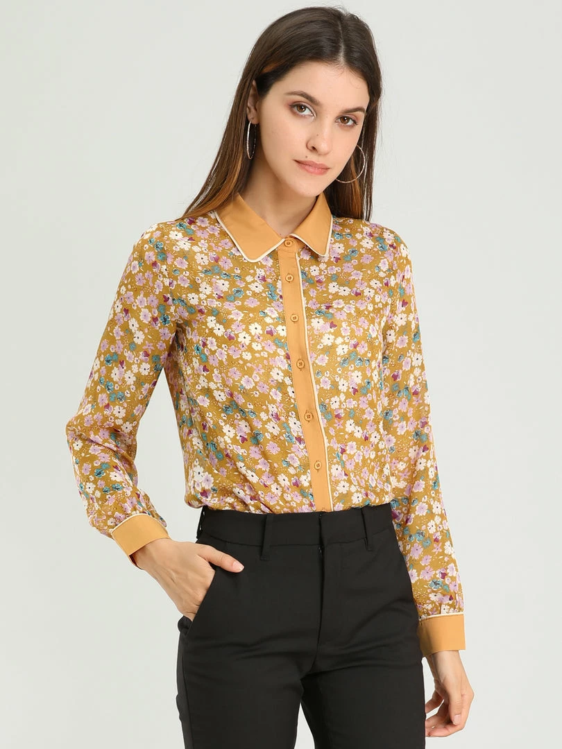 Allegra K Women's Floral Printed Button Up Contrast Color Long Sleeve Work Office Shirt Top 11 Allegra K Women's Floral Printed Button Up Contrast Color Long Sleeve Work Office Shirt Top