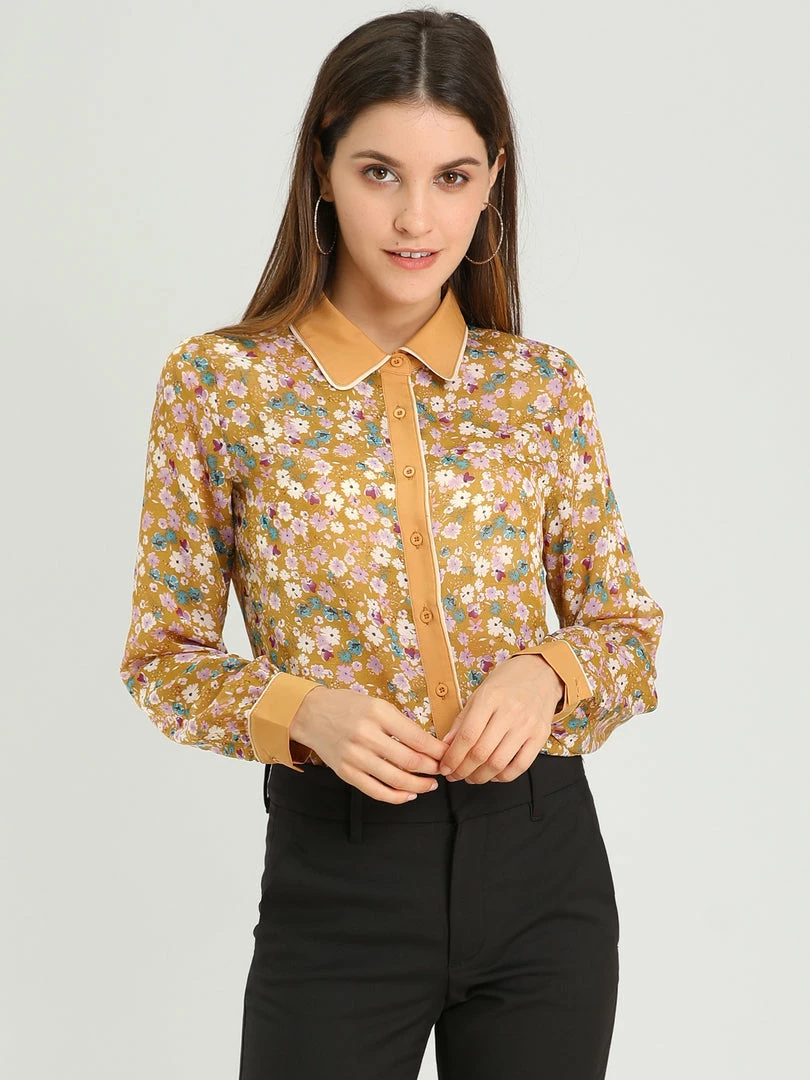 Allegra K Women's Floral Printed Button Up Contrast Color Long Sleeve Work Office Shirt Top 12 Allegra K Women's Floral Printed Button Up Contrast Color Long Sleeve Work Office Shirt Top