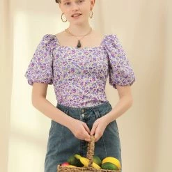 Allegra K Women‘s Prairie Puff Sleeve Sweetheart Neck Peasant Smocked Floral Tops