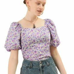 Allegra K Women‘s Prairie Puff Sleeve Sweetheart Neck Peasant Smocked Floral Tops