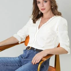 Allegra K Women's Eyelet Lace V Neck Scalloped Half Ruffle Sleeve Solid Work Shirt Top 17 Allegra K Women's Eyelet Lace V Neck Scalloped Half Ruffle Sleeve Solid Work Shirt Top