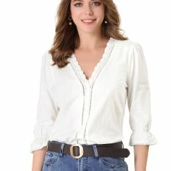 Allegra K Women's Eyelet Lace V Neck Scalloped Half Ruffle Sleeve Solid Work Shirt Top