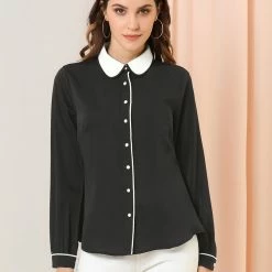 Allegra K Women's Peter Pan Collar Shirt Long Sleeve Vintage Work Button Down Blouse Top