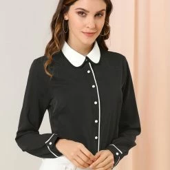 Allegra K Women's Peter Pan Collar Shirt Long Sleeve Vintage Work Button Down Blouse Top