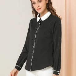 Allegra K Women's Peter Pan Collar Shirt Long Sleeve Vintage Work Button Down Blouse Top