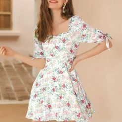 Allegra K Women's Floral Sweetheart Neck Puff Sleeve Fit And Flare A-Line Mini Dress 39 Allegra K Women's Floral Sweetheart Neck Puff Sleeve Fit And Flare A-Line Mini Dress