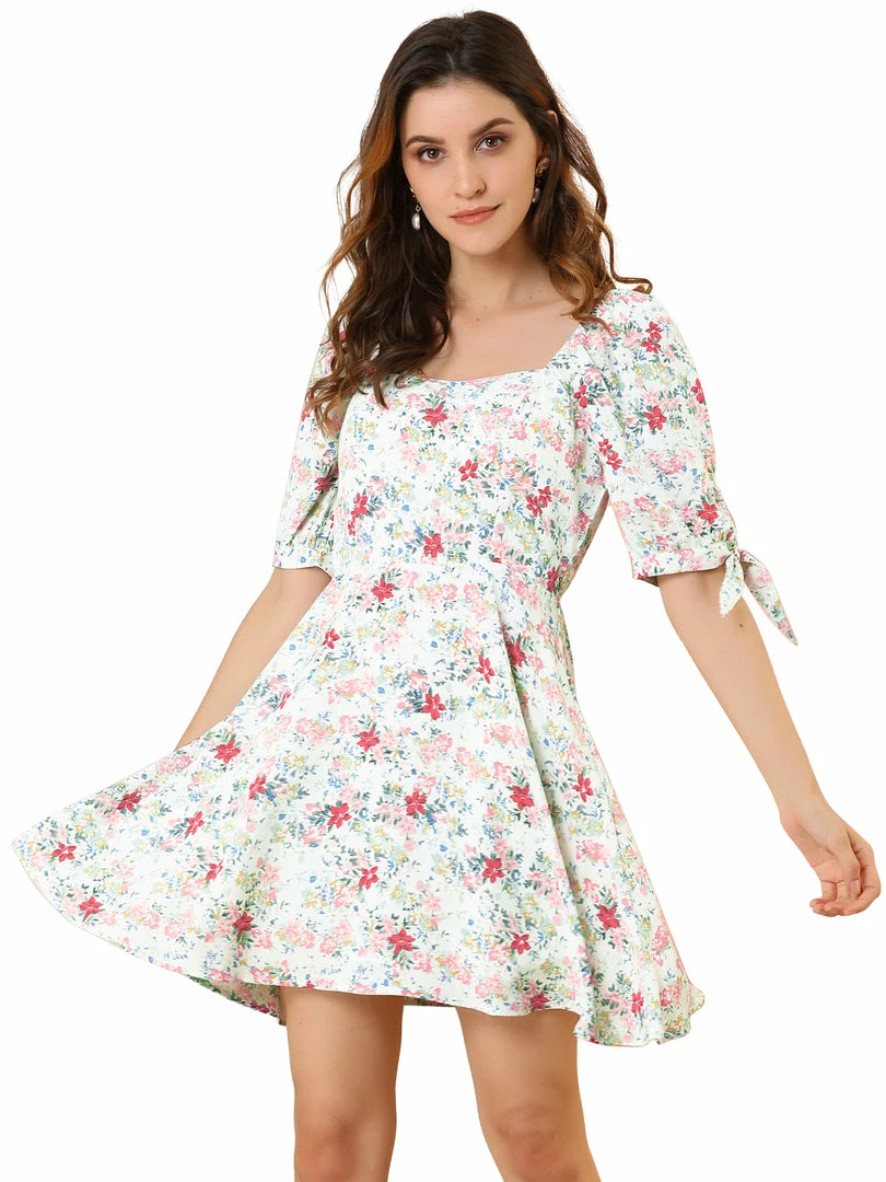 Allegra K Women's Floral Sweetheart Neck Puff Sleeve Fit And Flare A-Line Mini Dress 9 Allegra K Women's Floral Sweetheart Neck Puff Sleeve Fit And Flare A-Line Mini Dress