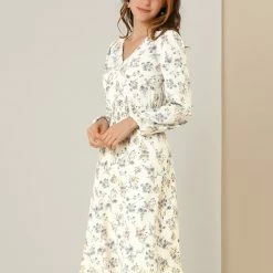 Women Allegra K Floral Print Flowy V-Neck Midi Dress