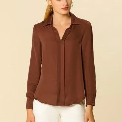 Allegra K V Neck Long Sleeve Work Shirt