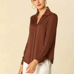 Allegra K V Neck Long Sleeve Work Shirt
