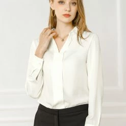 Allegra K V Neck Long Sleeve Work Shirt