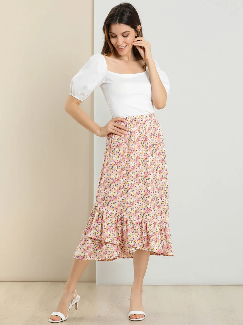 Allegra K Women's Floral Fall Elastic Waist Ruffle High Low Hem Vintage Skirt 12 Allegra K Women's Floral Fall Elastic Waist Ruffle High Low Hem Vintage Skirt