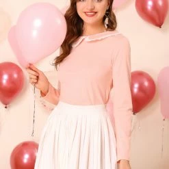 Allegra K Women's Vintage Peter Pan Collar Contrast Ruffle Knit Top Long Sleeve Blouse