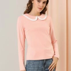 Allegra K Women's Vintage Peter Pan Collar Contrast Ruffle Knit Top Long Sleeve Blouse