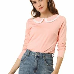 Allegra K Women's Vintage Peter Pan Collar Contrast Ruffle Knit Top Long Sleeve Blouse