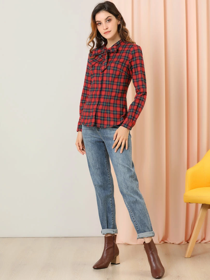 Allegra K Women's Plaid Tie Neck Button Down Long Sleeves Shirt Blouse 16 Allegra K Women's Plaid Tie Neck Button Down Long Sleeves Shirt Blouse