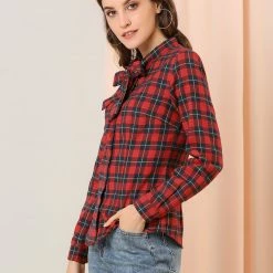 Allegra K Women's Plaid Tie Neck Button Down Long Sleeves Shirt Blouse 35 Allegra K Women's Plaid Tie Neck Button Down Long Sleeves Shirt Blouse