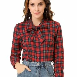 Allegra K Women's Plaid Tie Neck Button Down Long Sleeves Shirt Blouse 32 Allegra K Women's Plaid Tie Neck Button Down Long Sleeves Shirt Blouse