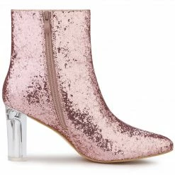 Allegra K Women's Clear Block Heel Glitter Ankle Boots Shoes